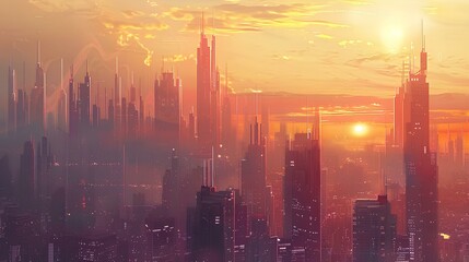 Cityscape at sunset with skyscrapers