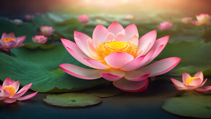 Pink lotus blossoms on a background of lotus flowers in a tranquil lake.