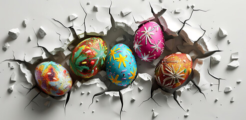 Colorful Easter Eggs inside Cracked hole on white wall Mug wrap sublimation - obrazy, fototapety, plakaty