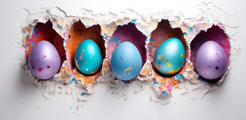 Colorful Easter Eggs inside Cracked hole on white wall Mug wrap sublimation - obrazy, fototapety, plakaty