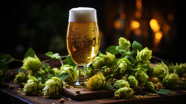 Image of a glass of beer with hops lying next to it. An image with places to copy. Natural lighting. Generative AI