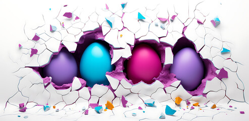 Colorful Easter Eggs inside Cracked hole on white wall Mug wrap sublimation