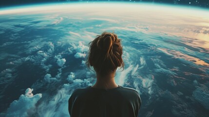 Back view of woman looking at the planet Earth from space.