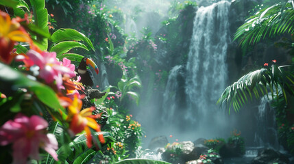 A tropical rainforest, with lush green foliage and colorful flowers. A waterfall cascades down a...