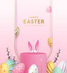 Holiday Easter showcase pink background with 3d podium, easter eggs and willow branch. Vector illustration