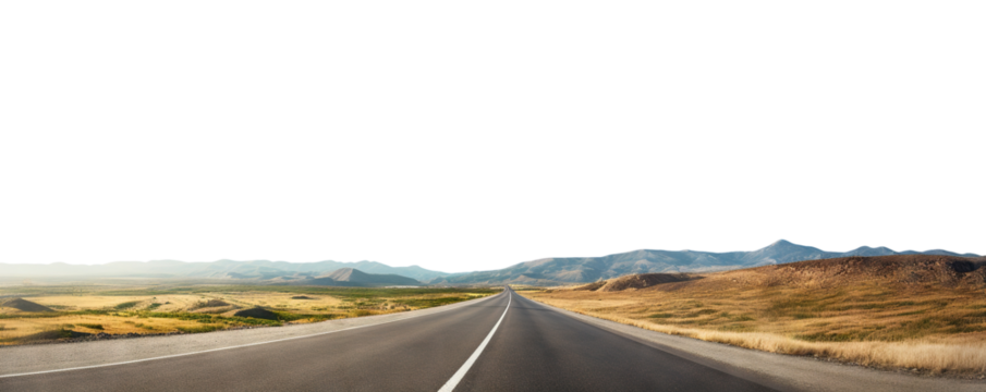 Long stretch of empty road leading towards misty mountains, cut out - Powered by Adobe