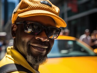 A man in a yellow hat and sunglasses standing in front of a yellow taxi. Generative AI.