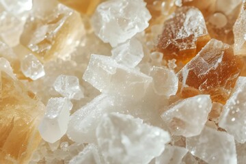 Fototapeta na wymiar Zoomed in view of salt and sugar crystals, contrasting shapes and textures, microscopic photography.