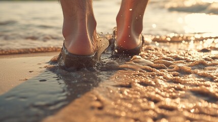 Man walking on the beach at sunset. Close-up of feet in water