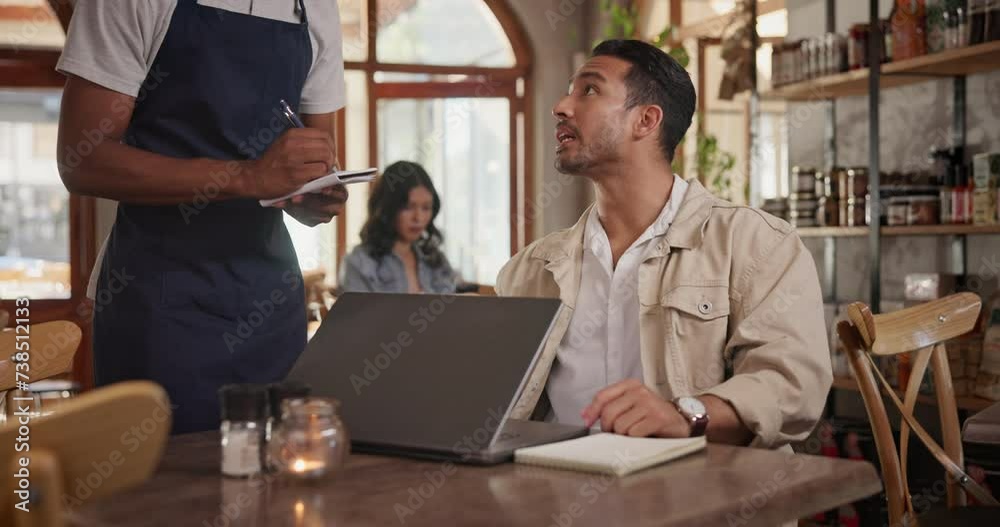 Leinwandbilder cafe, waiter and writing customer menu order and laptop on table in restaurant for review blog on so