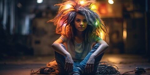 Obraz premium A girl with dreadlocks sitting on the floor. Generative AI.