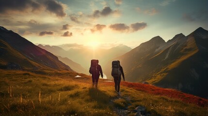 Two people with backpacks walking up a mountain at sunset. Generative AI. - obrazy, fototapety, plakaty
