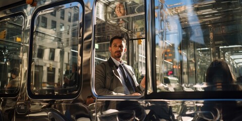 A man in a suit and tie sitting on a train. Generative AI.