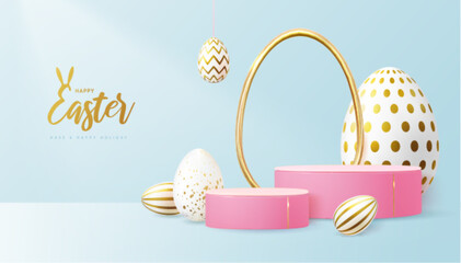 Holiday Easter showcase blue background with 3d podium and  easter eggs. Vector illustration - obrazy, fototapety, plakaty