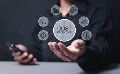 Cost reduction business finance concept. Budget management and cost management. Optimization, Strategy, Economic cost savings. Person hold cost reduction icon on virtual screen.