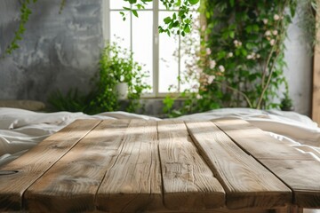 an empty rough countertop against the background of a kitchen window. mockup, the creator of the scene.