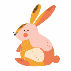 Happy Easter card with cute bunny, flowers and eggs. Vector illustration.