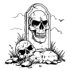 Skull Grave Headstone  Background Black and White SVG Vector File for Laser Cutting Generative Ai