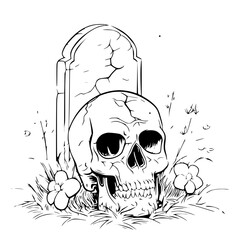 Skull Grave Headstone  Background Black and White SVG Vector File for Laser Cutting Generative Ai