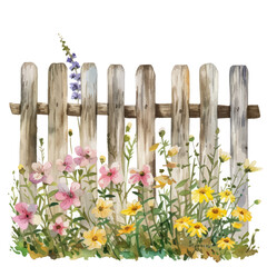 Watercolor vintage fence with wildflowers. Hand drawn illustration.