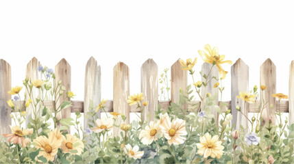 Watercolor vintage fence with wildflowers. Hand drawn illustration.