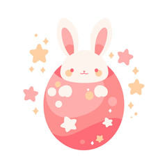 Happy Easter card with cute bunny, flowers and eggs. Vector illustration.
