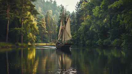 An old caravel sailboat in a forest lagoon.