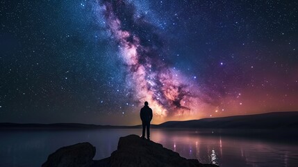 Man standing on the top of a mountain and watching the milky way