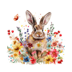 Happy Easter card with cute bunny, flowers and eggs. Vector illustration.