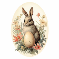 Happy Easter card with cute bunny, flowers and eggs. Vector illustration.