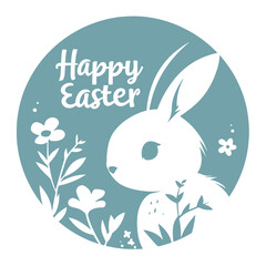 Happy Easter card with cute bunny, flowers and eggs. Vector illustration.