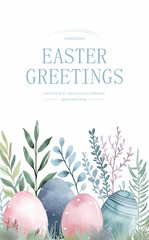 Happy Easter card with cute bunny, flowers and eggs. Vector illustration.