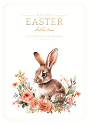 Happy Easter card with cute bunny, flowers and eggs. Vector illustration.