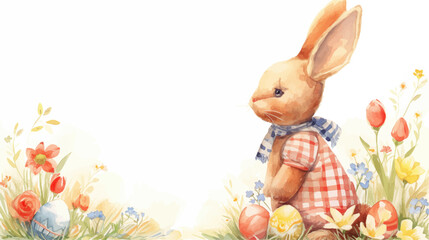 Happy Easter card with cute bunny, flowers and eggs. Vector illustration.