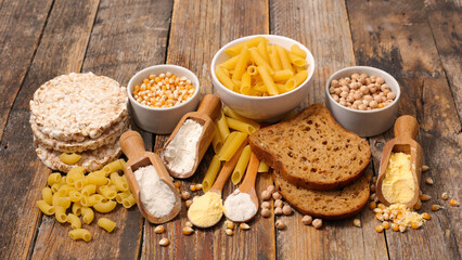 Various gluten free food ( pasta,bread,flour)