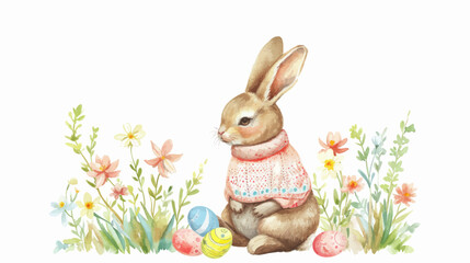 Obraz premium Easter basket with eggs and bunny decorated with flowers. Happy easter