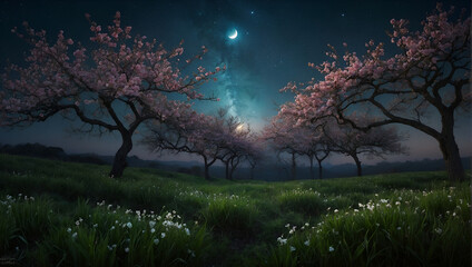 Obraz na płótnie Canvas Spring Day: Nature Landscapes Under the Night Moon