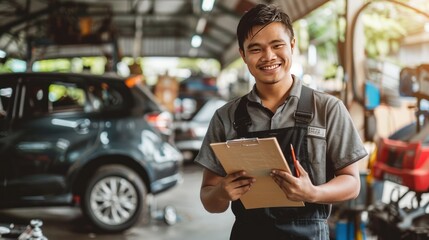 Auto mechanic holds clipboard and smiles at camera Separate background into repair center