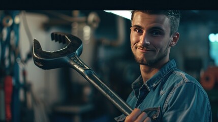 Repairman holding a big wrench Standing and smiling, looking at the camera In the back is a car service center.