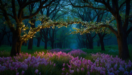 Spring Day: Nature Landscapes Under the Night Moon