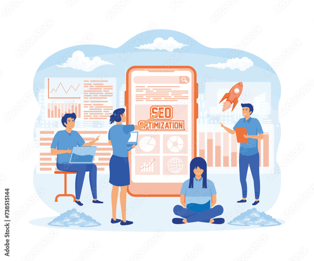 Wall mural search engine optimization concept. teamwork men and women work for optimization website project tog