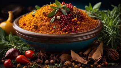 Food ingredients, seasoning herbs and spices in studio background, cinematic food photography