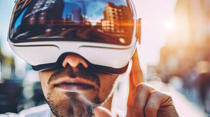 Young man in VR glasses on the streets of a modern city. VR protagonist roams cityscape, merging two realities, creating a dazzling symphony of pixels. - obrazy, fototapety, plakaty