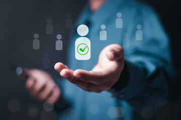 Human resources, CRM. Person holding with HR icon on virtual screen for Search for employees and looking for talent. team building.