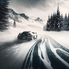 Fototapeta na wymiar car speeding down a snowy road