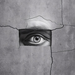 An eye peering out from behind the wall, concept of antisocial behavior. - obrazy, fototapety, plakaty