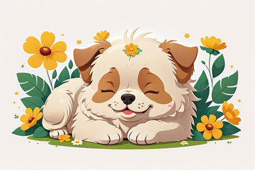 In the midst of a colorful flower garden, a cheerful dog radiates happiness and warmth.