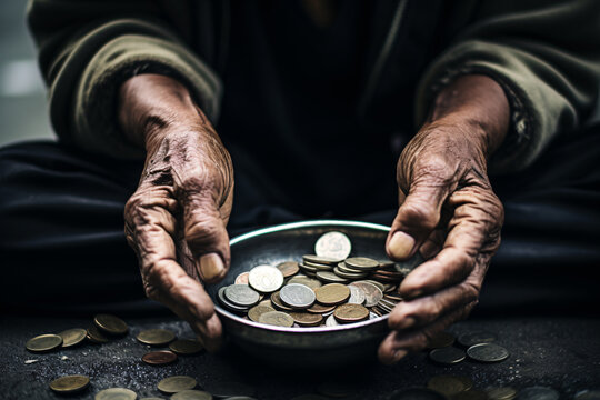 The hands of an elderly beggar and loose change