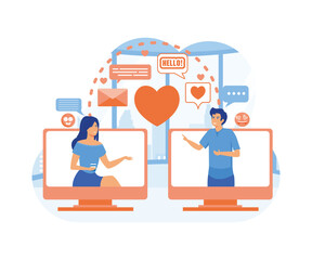 Virtual relationships online dating cartoon composition with computer screens and couple having date with messaging.  flat vector modern illustration 