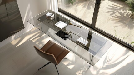 Clean and Simple Study Area with Sleek Glass Desk AI Generated.